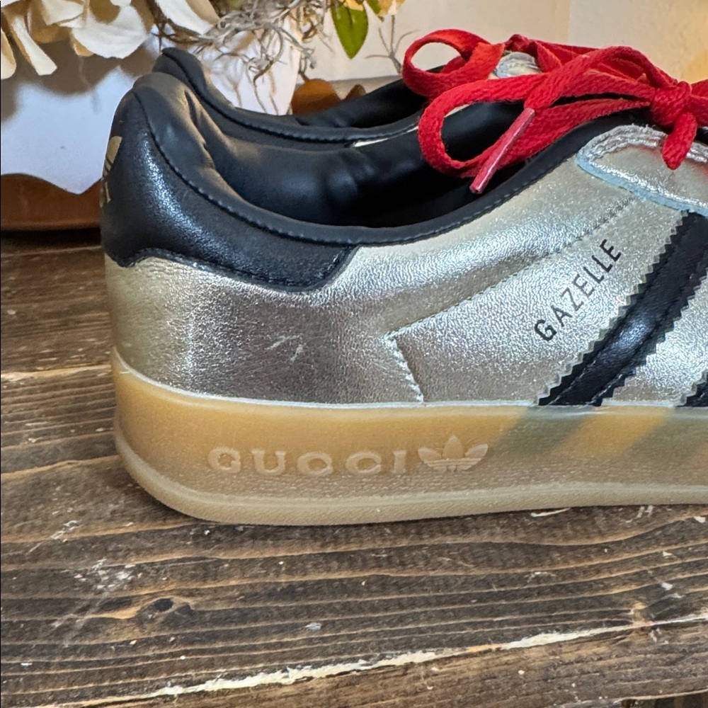 Adidas x Gucci Mens Gazelle Metallic Gold Sneakers with Red Laces - Picture 4 of 14